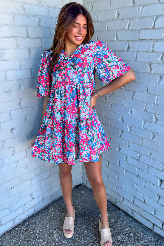 Multicolour Floral Short Sleeve V Neck Tiered Mini Dress | Women