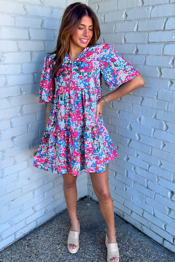 Multicolour Floral Short Sleeve V Neck Tiered Mini Dress | Women