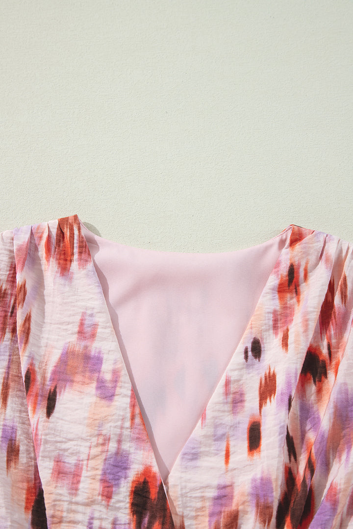 Pink Abstract Printed Flutter Sleeve Daring Cutout Long Dress