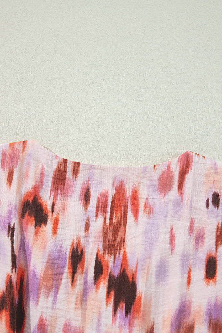 Pink Abstract Printed Flutter Sleeve Daring Cutout Long Dress