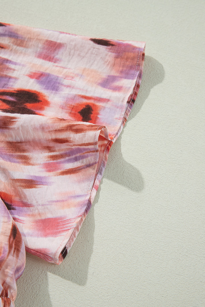 Pink Abstract Printed Flutter Sleeve Daring Cutout Long Dress