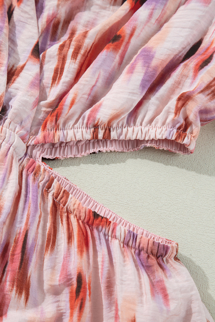 Pink Abstract Printed Flutter Sleeve Daring Cutout Long Dress