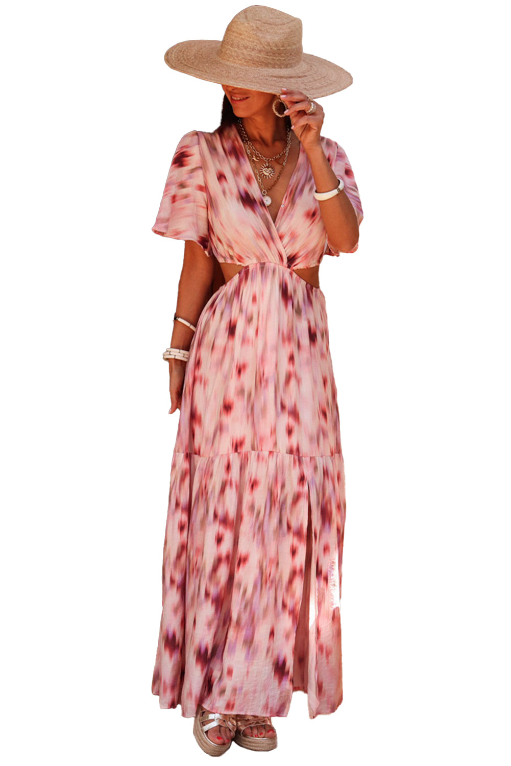 Pink Abstract Printed Flutter Sleeve Daring Cutout Long Dress