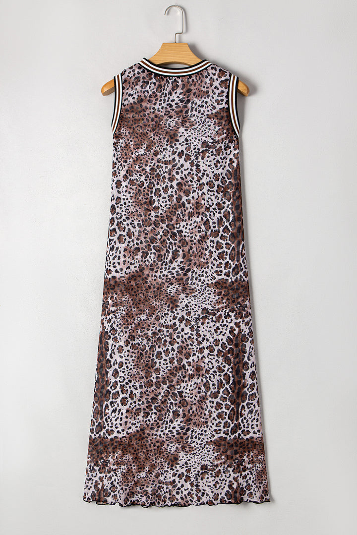 Multicolour Leopard Checkered Double Printed Reversible Sleeveless Long Dress