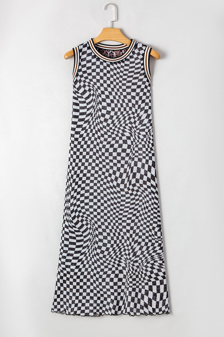Multicolour Leopard Checkered Double Printed Reversible Sleeveless Long Dress