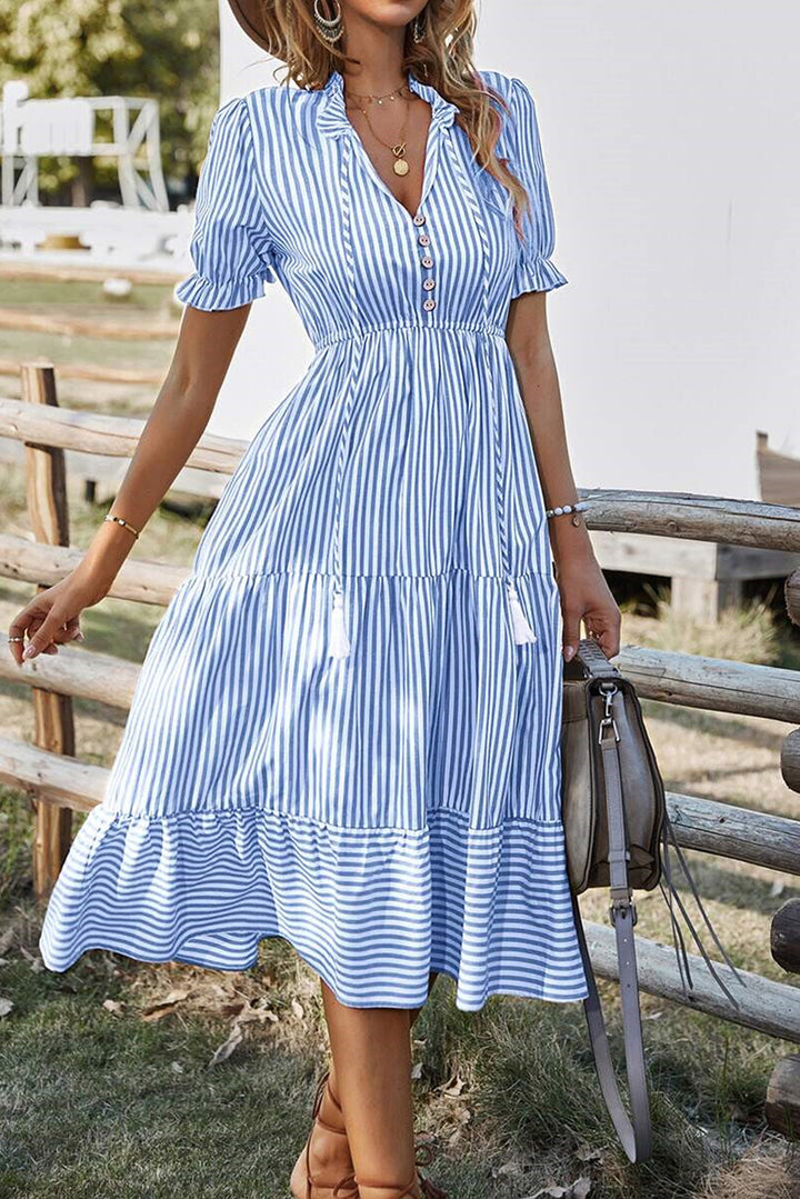 Sky Blue Stripe Button Tassel Tie Detail Frilled Short Sleeve Flared Midi Dress