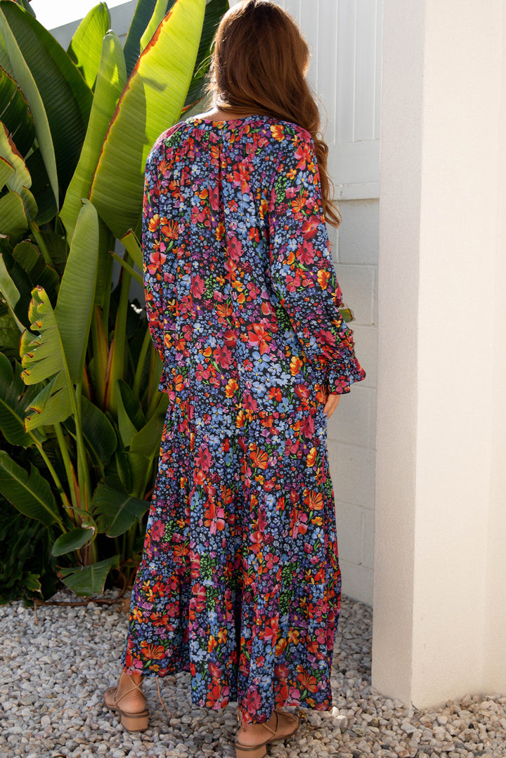 Blue Floral Print Tassel Tie V Neck Long Sleeve Flowy Long Dress