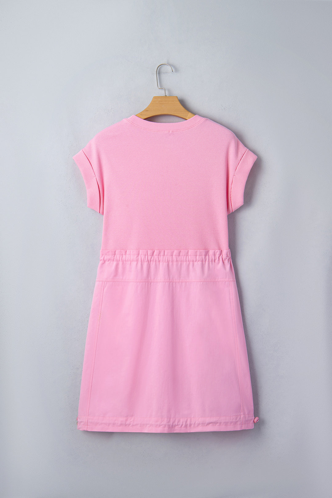 Bonbon Cuffed Short Sleeve Mix Fabric Patchwork Drawstring Mini Dress