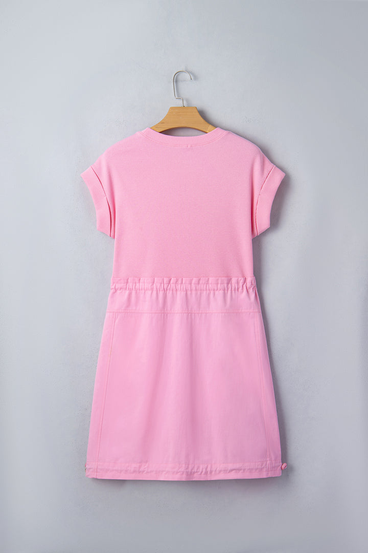Bonbon Cuffed Short Sleeve Mix Fabric Patchwork Drawstring Mini Dress
