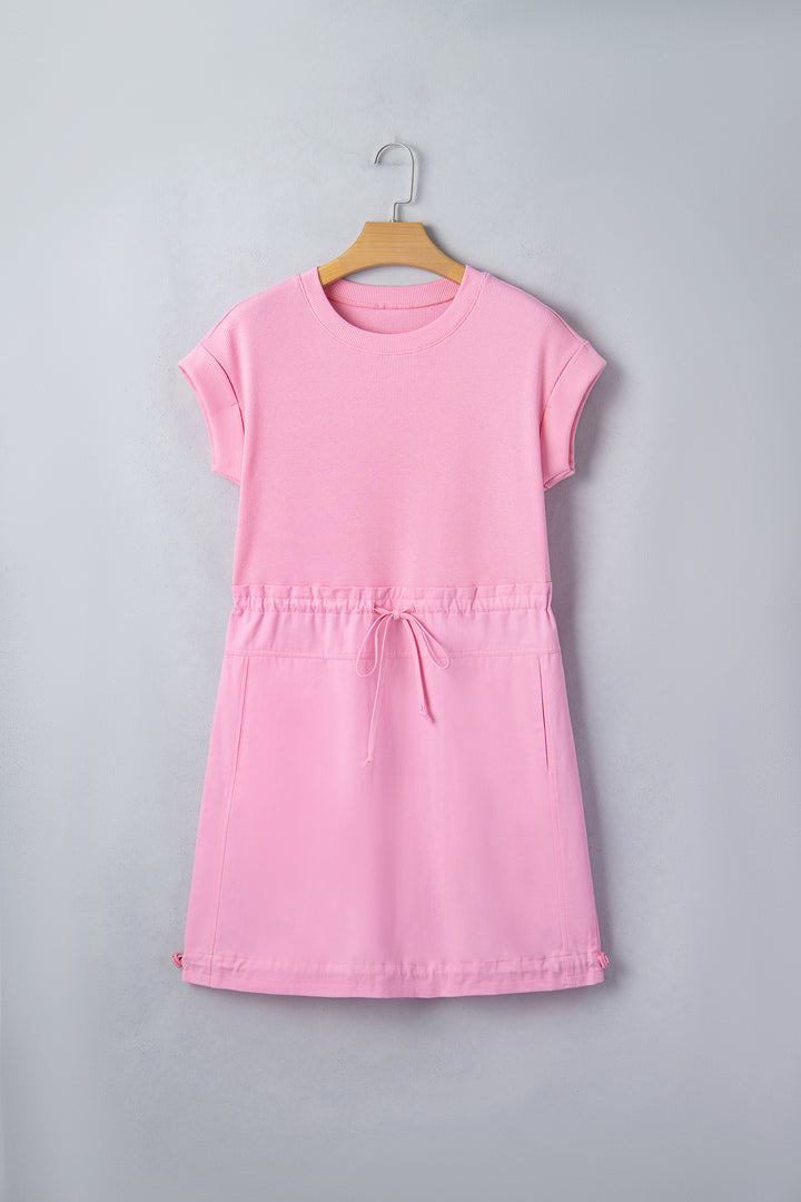 Bonbon Cuffed Short Sleeve Mix Fabric Patchwork Drawstring Mini Dress