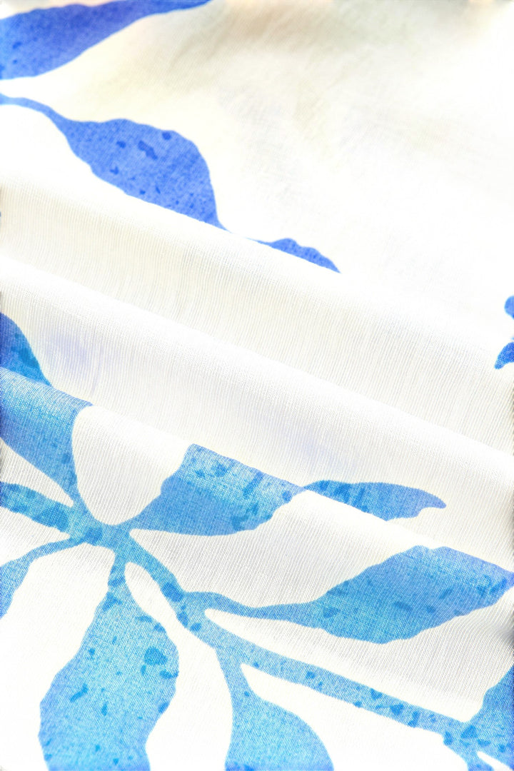 Sky Blue Leafy Botanical Print Side Tie Button Down Maxi Dress