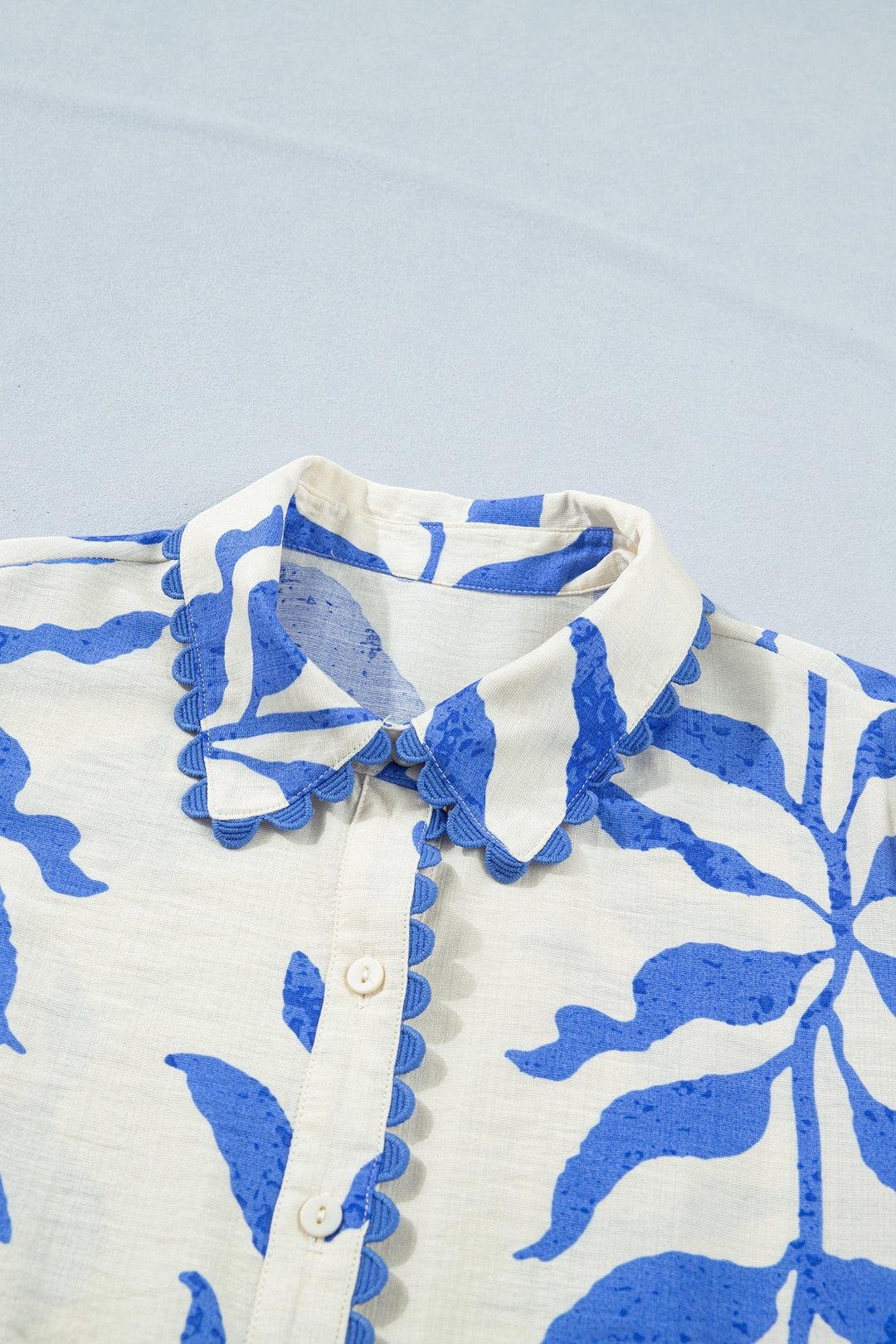Sky Blue Leafy Botanical Print Side Tie Button Down Maxi Dress