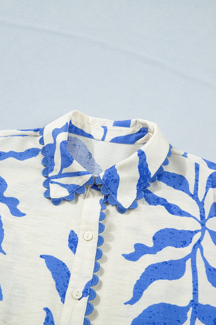 Sky Blue Leafy Botanical Print Side Tie Button Down Maxi Dress