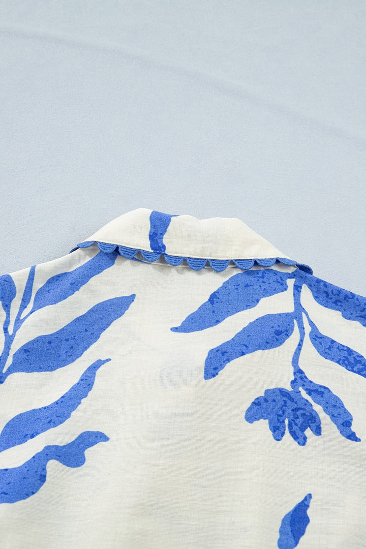 Sky Blue Leafy Botanical Print Side Tie Button Down Maxi Dress