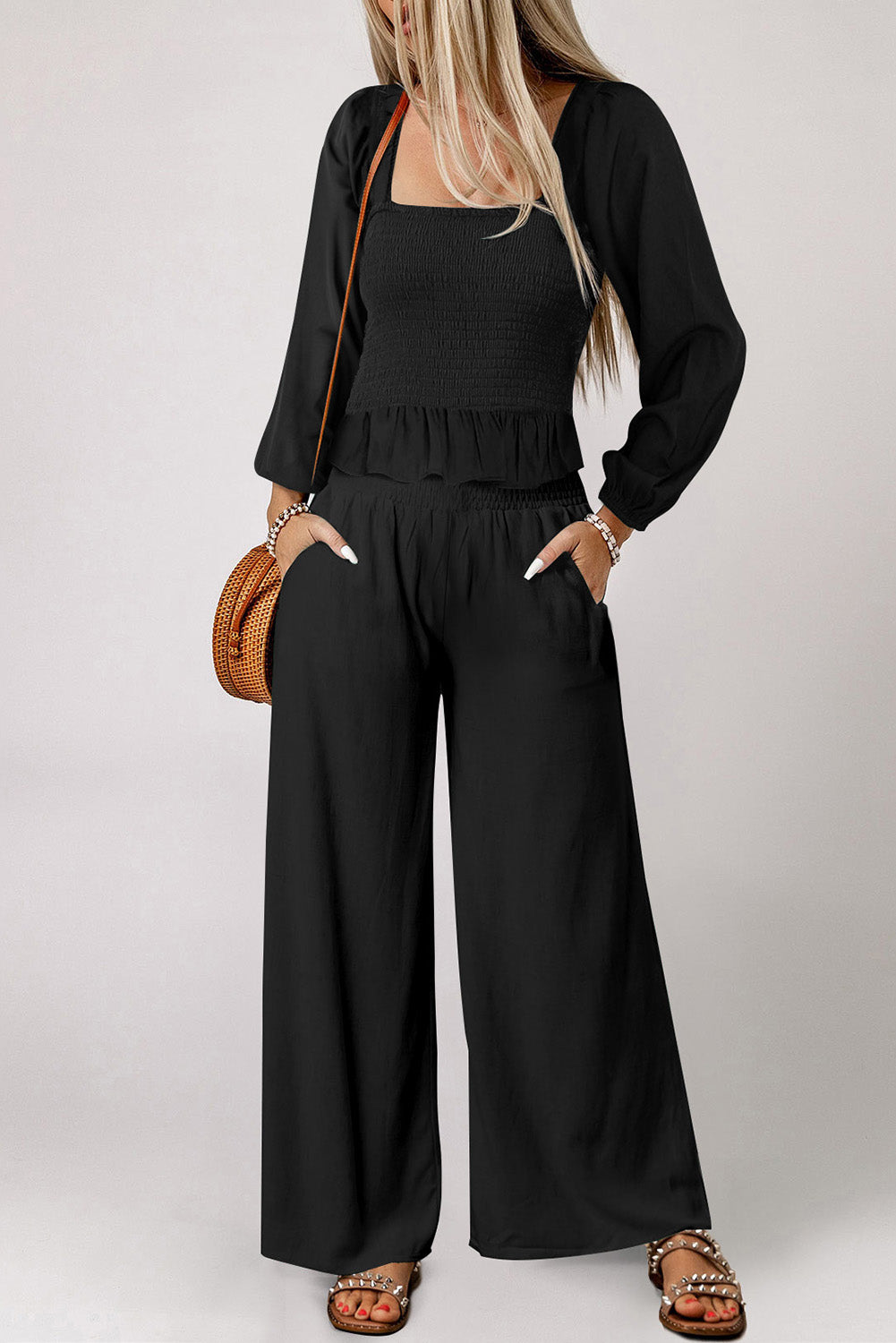 Black Square Neck Smocked Peplum Top and Pants Set | Women