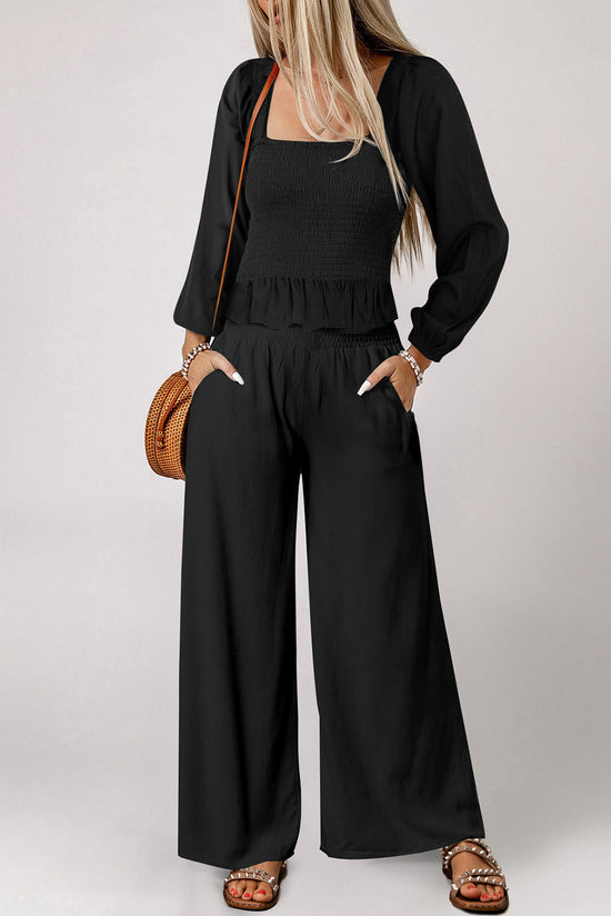 Black Square Neck Smocked Peplum Top and Pants Set | Women