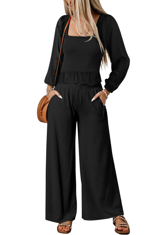 Black Square Neck Smocked Peplum Top and Pants Set | Women