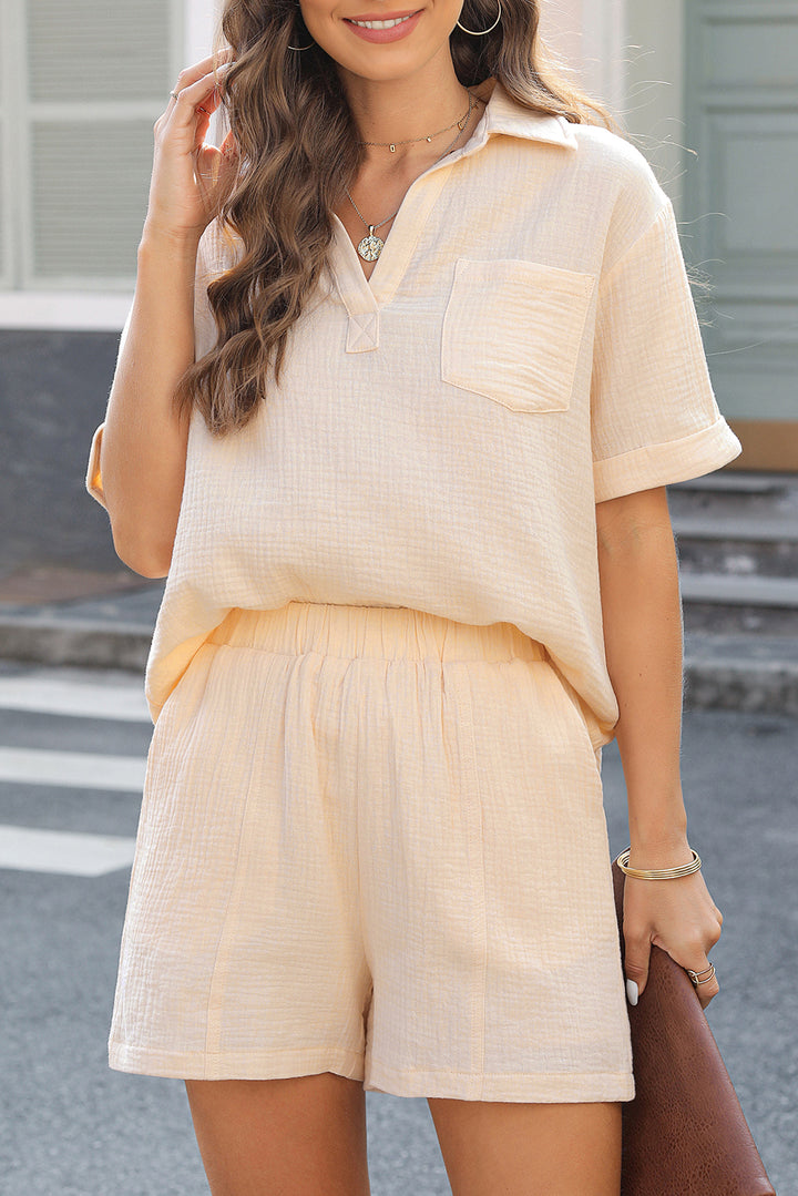 Parchment Cotton Crinkle Textured Polo Shirt and High Waist Shorts Set