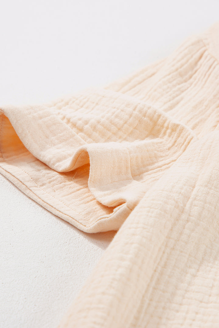 Parchment Cotton Crinkle Textured Polo Shirt and High Waist Shorts Set
