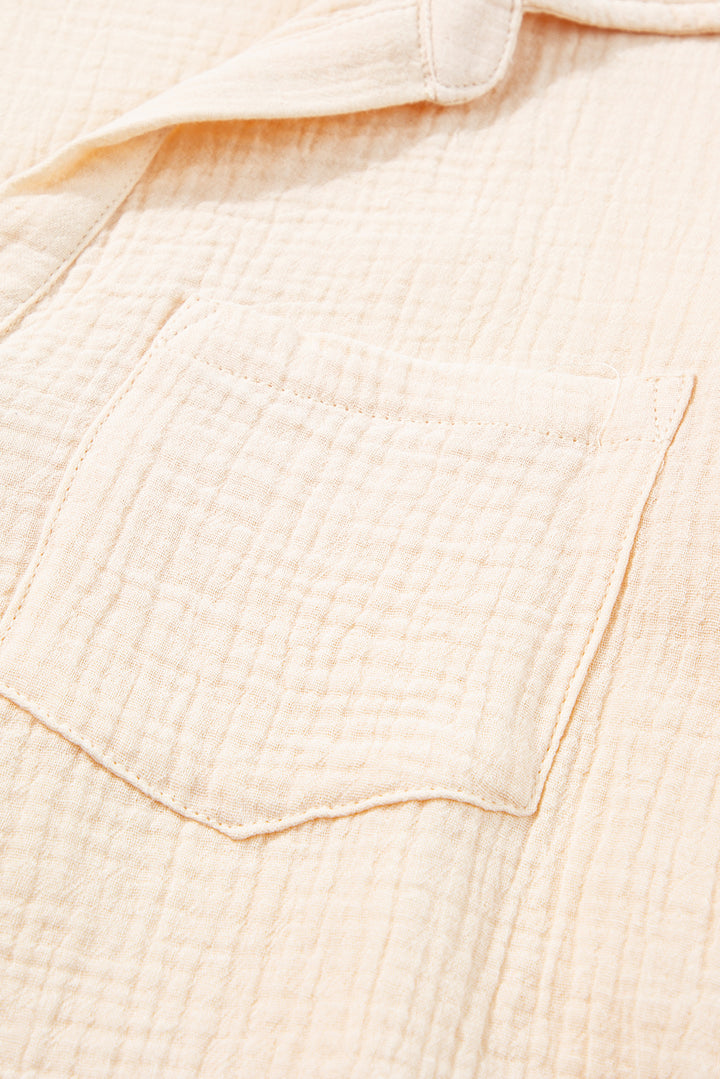 Parchment Cotton Crinkle Textured Polo Shirt and High Waist Shorts Set