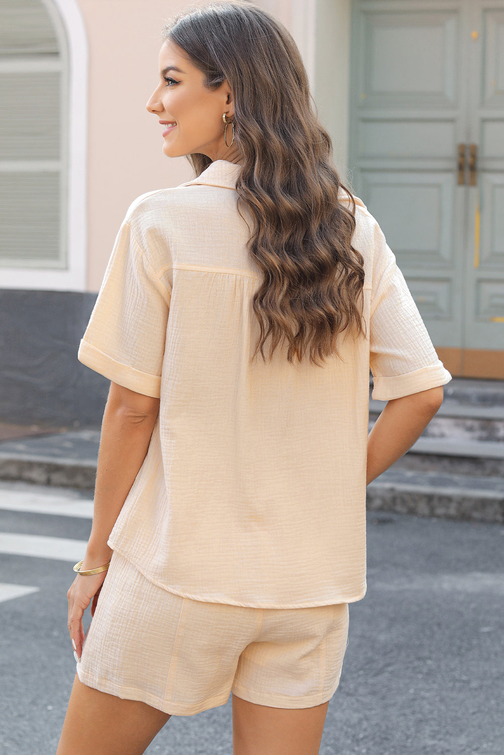 Parchment Cotton Crinkle Textured Polo Shirt and High Waist Shorts Set