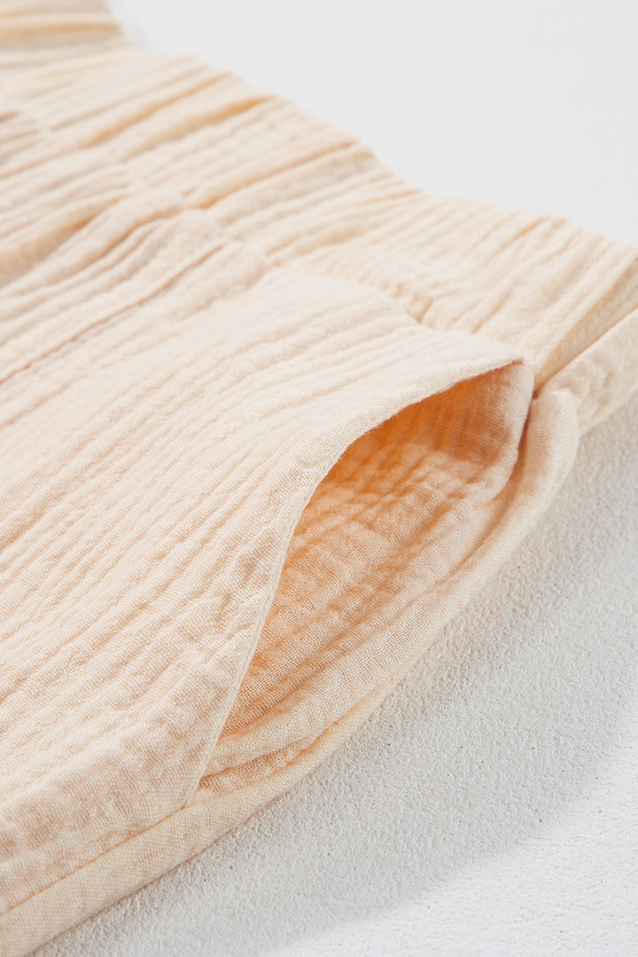 Parchment Cotton Crinkle Textured Polo Shirt and High Waist Shorts Set