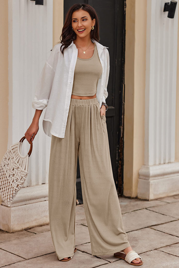 Parchment Textured Sleeveless Crop Top and Wide Leg Pants Outfit | Women