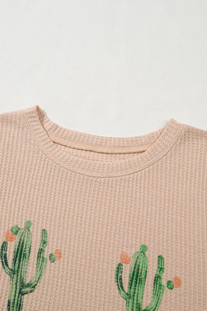 Light French Beige Cactus Forest Waffle Half Sleeve Tee Short Set