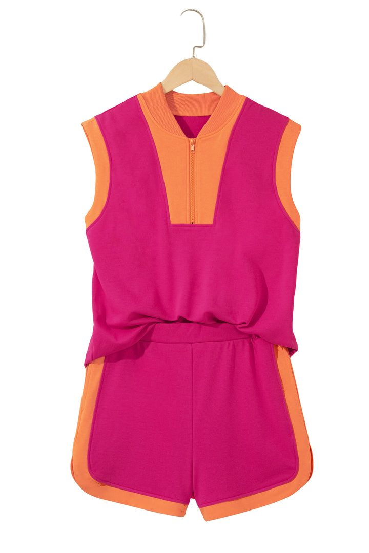 Pitaya Pink Color Block Accent Half Zip Top Athleisure Shorts Set