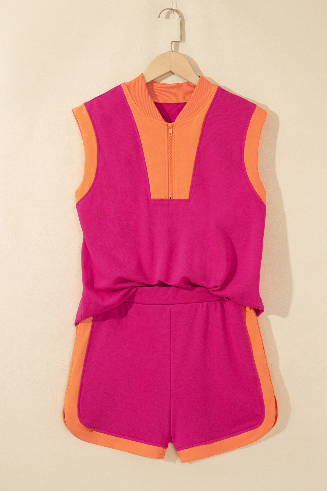 Pitaya Pink Color Block Accent Half Zip Top Athleisure Shorts Set