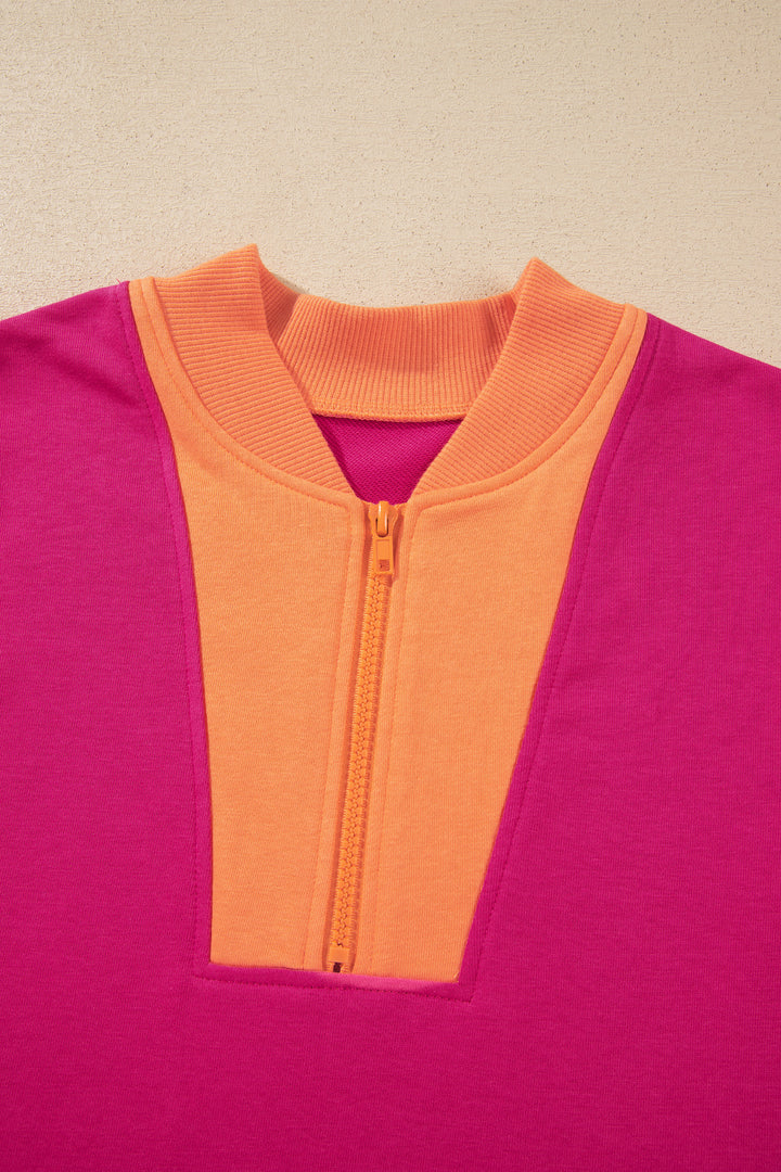 Pitaya Pink Color Block Accent Half Zip Top Athleisure Shorts Set