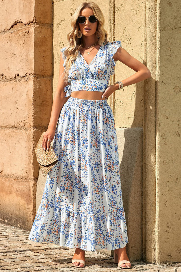 White Floral Ruffled Crop Top and Maxi Skirt Set | Women