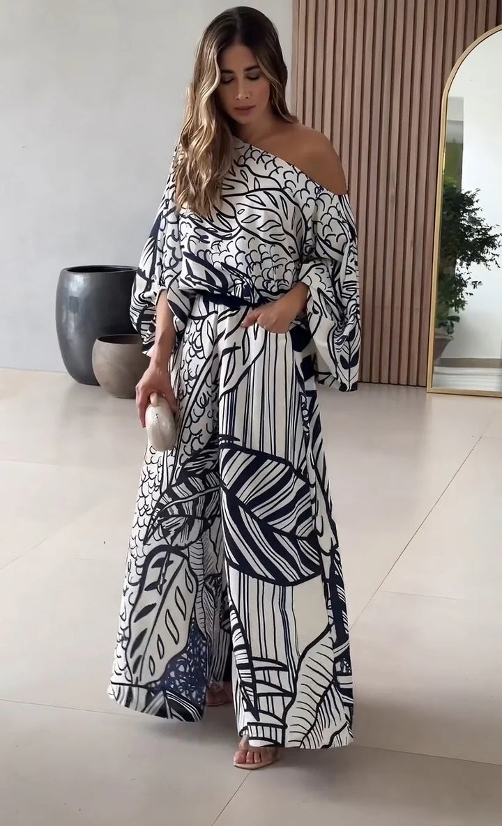 Leaf Print Luxury Off-Shoulder Top & Wide Leg Pant Co-ord set | Women