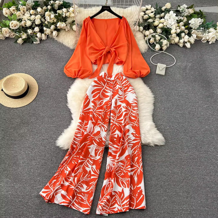 Orange Lantern Sleeve Top And High Waist Printed Co-ord set | Women