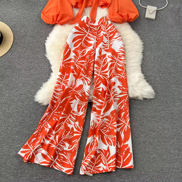 Orange Lantern Sleeve Top And High Waist Printed Co-ord set | Women