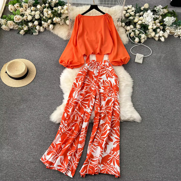 Orange Lantern Sleeve Top And High Waist Printed Co-ord set | Women