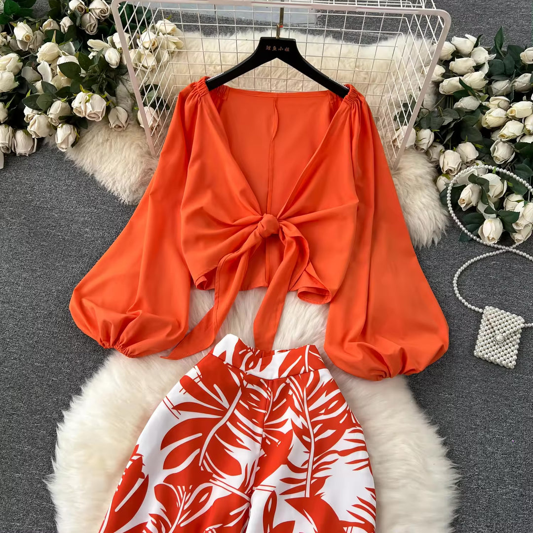 Orange Lantern Sleeve Top And High Waist Printed Co-ord set | Women