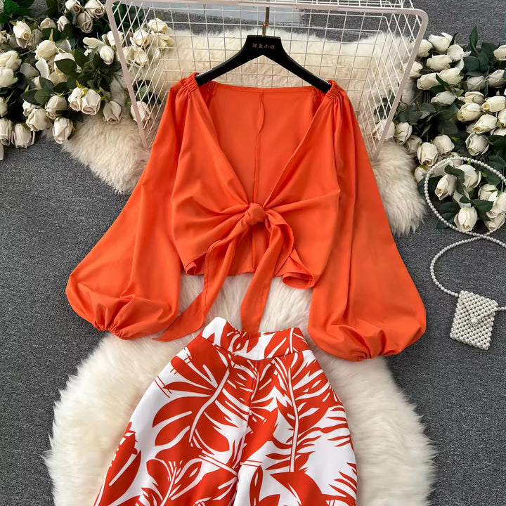 Orange Lantern Sleeve Top And High Waist Printed Co-ord set | Women