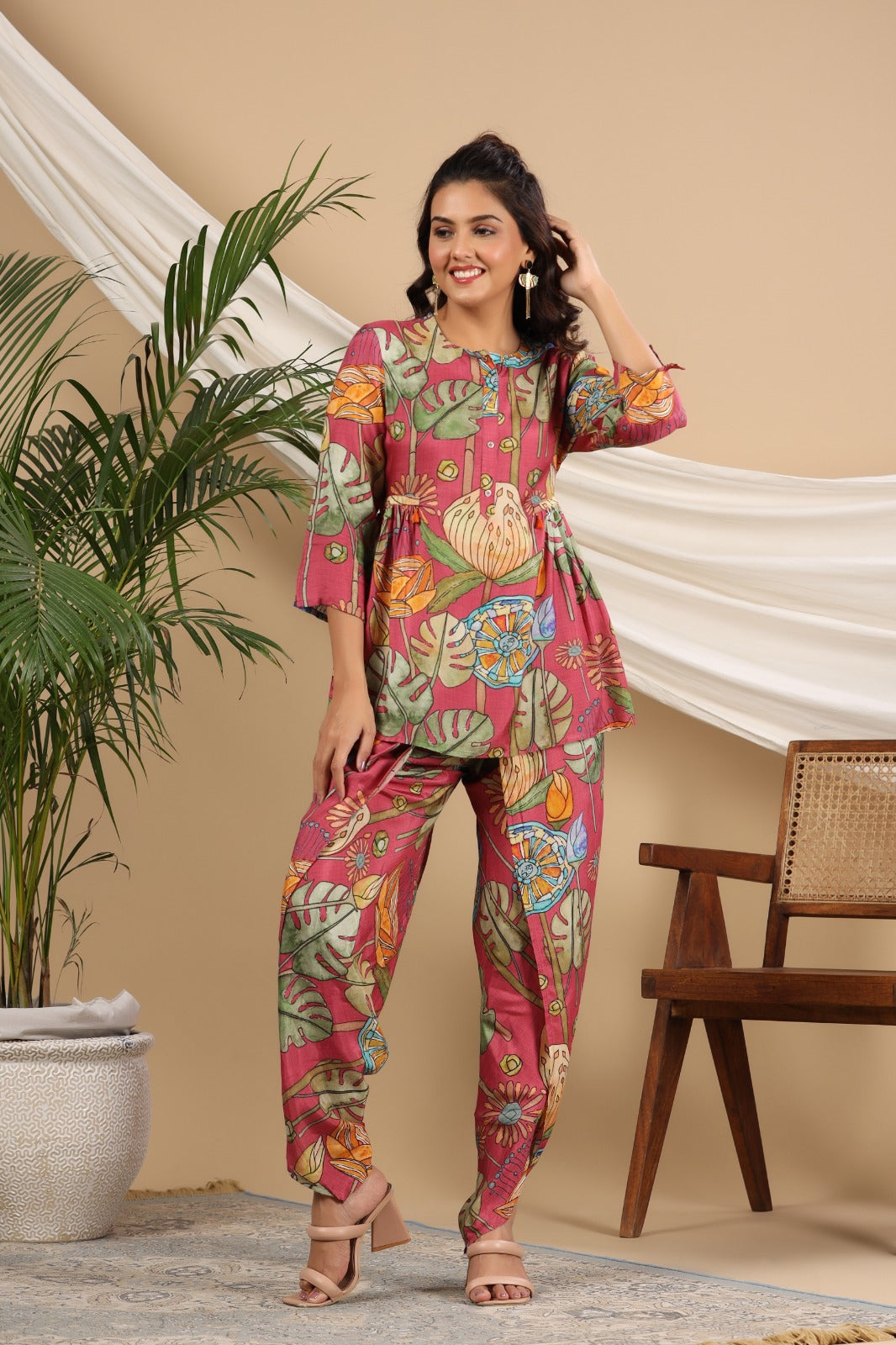 Viscose Pink Print Coord set | Women