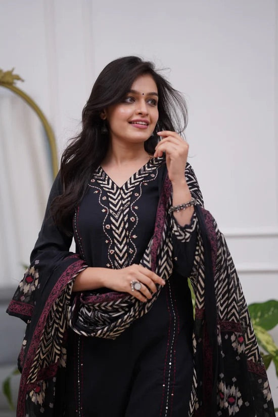 Elegant Black Printed Kurta Set with Dupatta