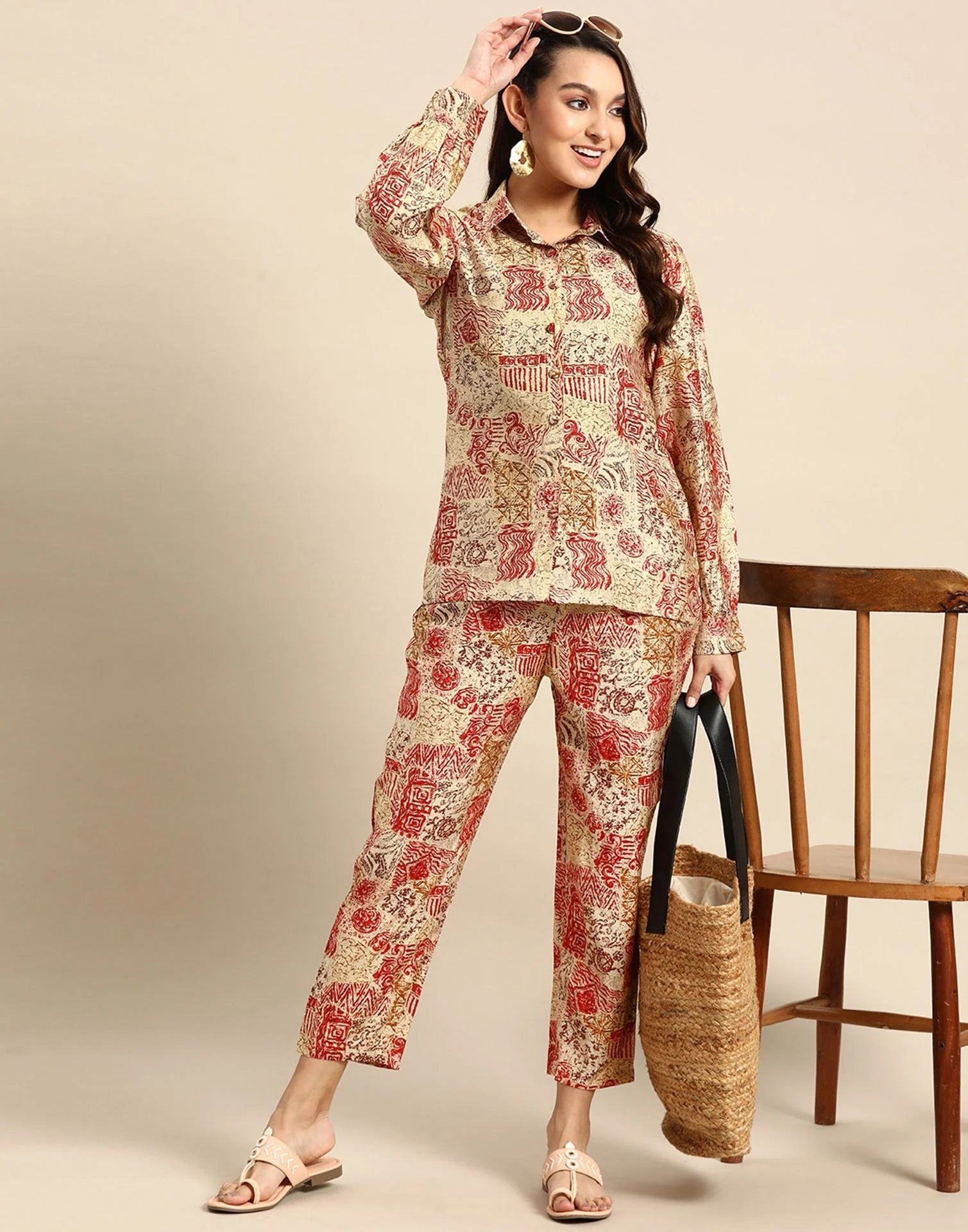 Cream & Red Chanderi Silk Co-ords Set | Women Errabelly