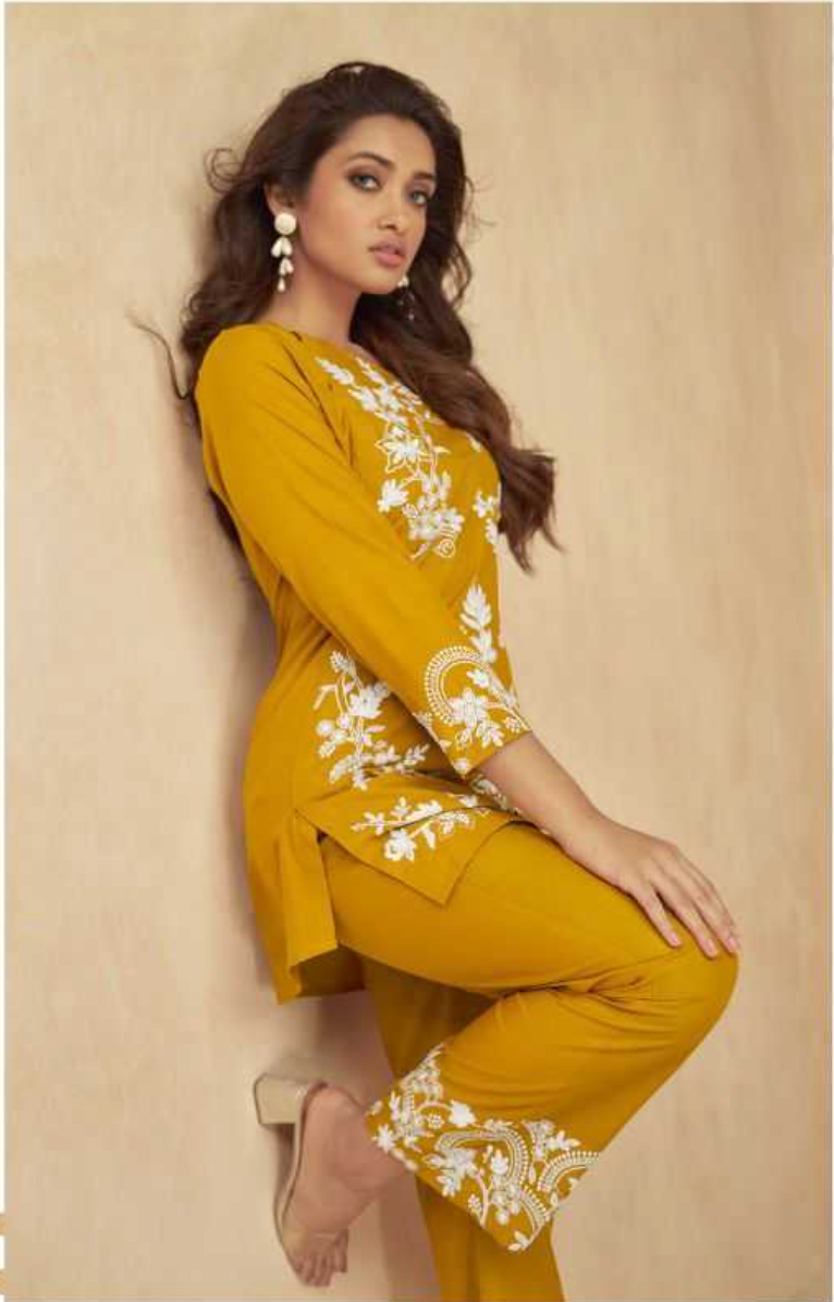 Yellow Rayon Vintage Style Embroidered Coord Set Front View