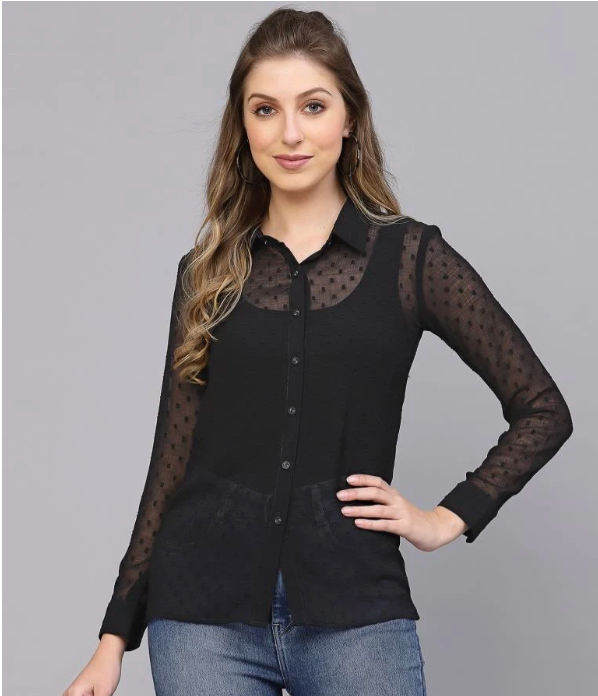 Black Roto Butti Self Woven Shirt | Women