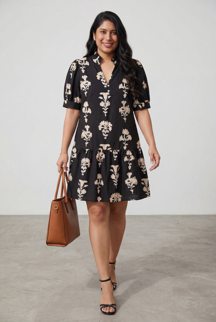Black Frilled V Neck Puff Short Sleeve Floral Mini Dress
