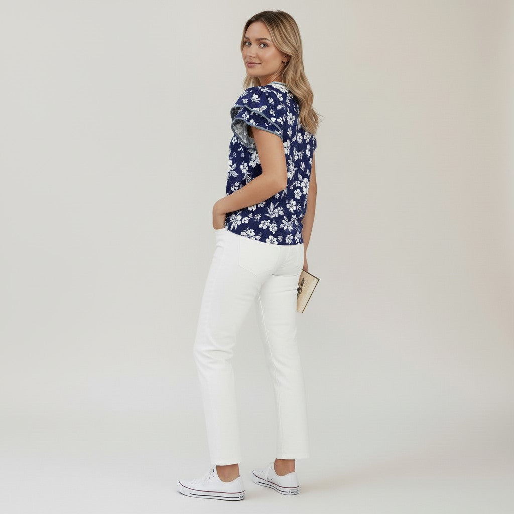 Blue Floral Print Contrast Trim Split Neck Double Ruffle Short Sleeve Blouse