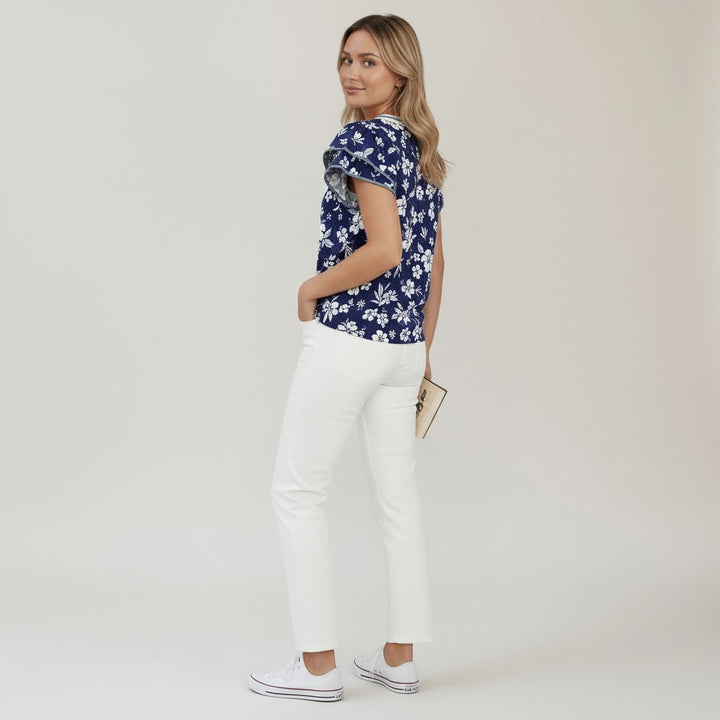 Blue Floral Print Contrast Trim Split Neck Double Ruffle Short Sleeve Blouse