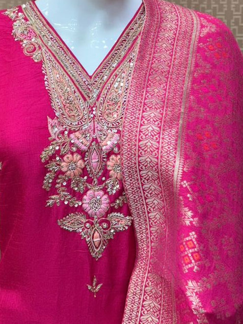 Raj kumari Pink Silk embroidery 3 piece Kurtha Set