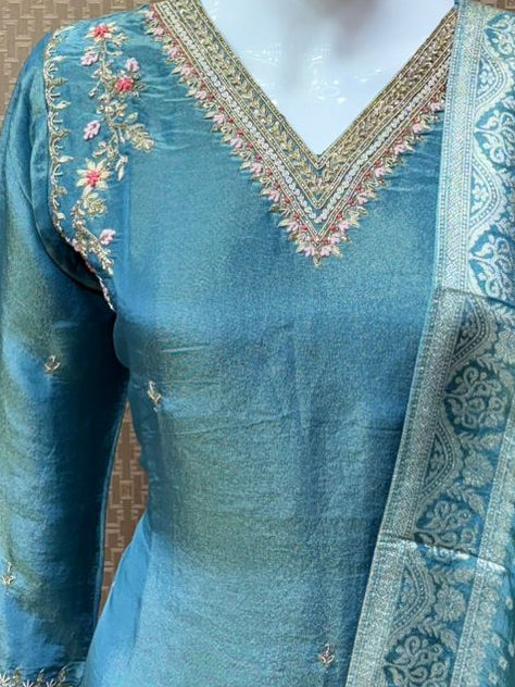 Blue Gold Tissue embroidery 3 piece traditional kurthi set