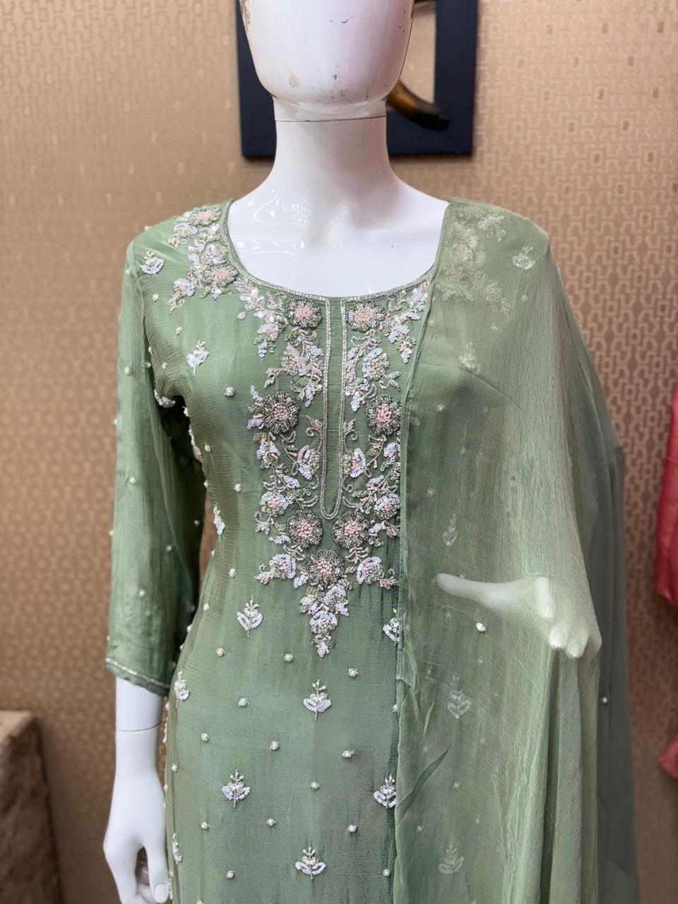 Green Satin Silk Embroidery Premium 3-Piece Kurta Set