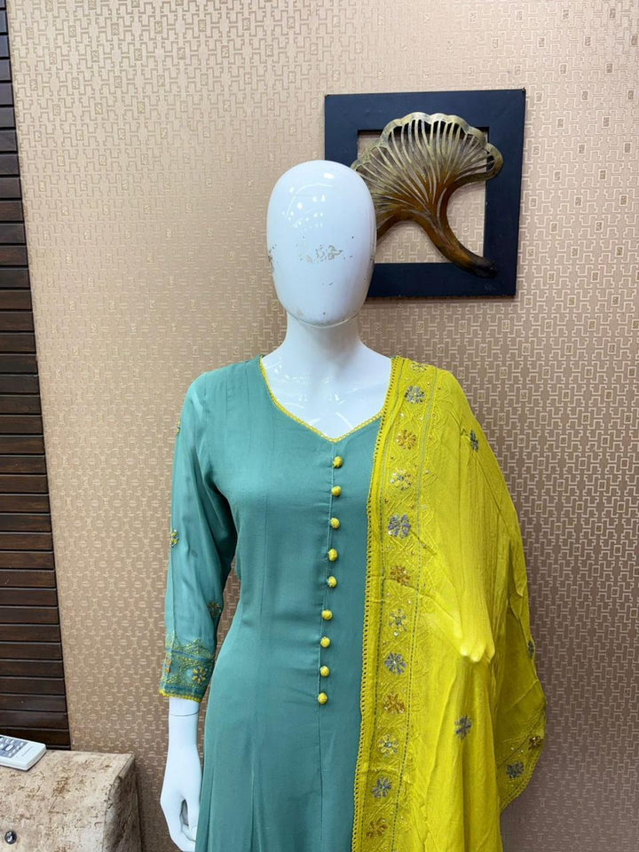 Chiffon Blue and Yellow Contract Kurthi Set 3 Piece